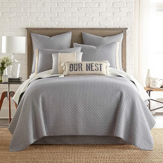 Levtex Home Cross Stitch Reversible Twin XL/Twin Quilt Set (68x86in) with 1 Pillow Sham (26x20in) - Stitch Texture - Grey and White - Cotton Twin Size Quilt Bedding Set - Lightweight Soft Pre-Washed