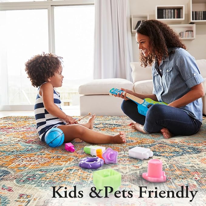 Lahome Moroccan 5x8 Area Rug, Ultra-Thin Washable Rugs for Living Room Bedroom, Soft Large Oriental Non-Slip Non Shedding Throw Large Carpet for Dining Room Office, Cream/Multi