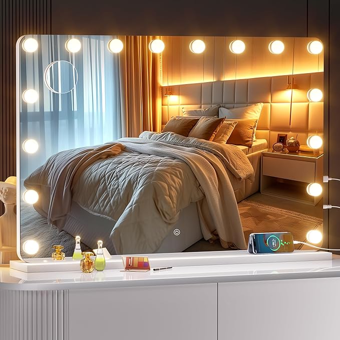 36''X24'' Hollywood Vanity Mirror with Lights, Lighted Makeup Mirror with 16 Dimmable LED Bulbs, 3 Color Lighting Modes & Stepless Dimming, USB & Type-C Charging Port, Wall Mounted Or Tabletop