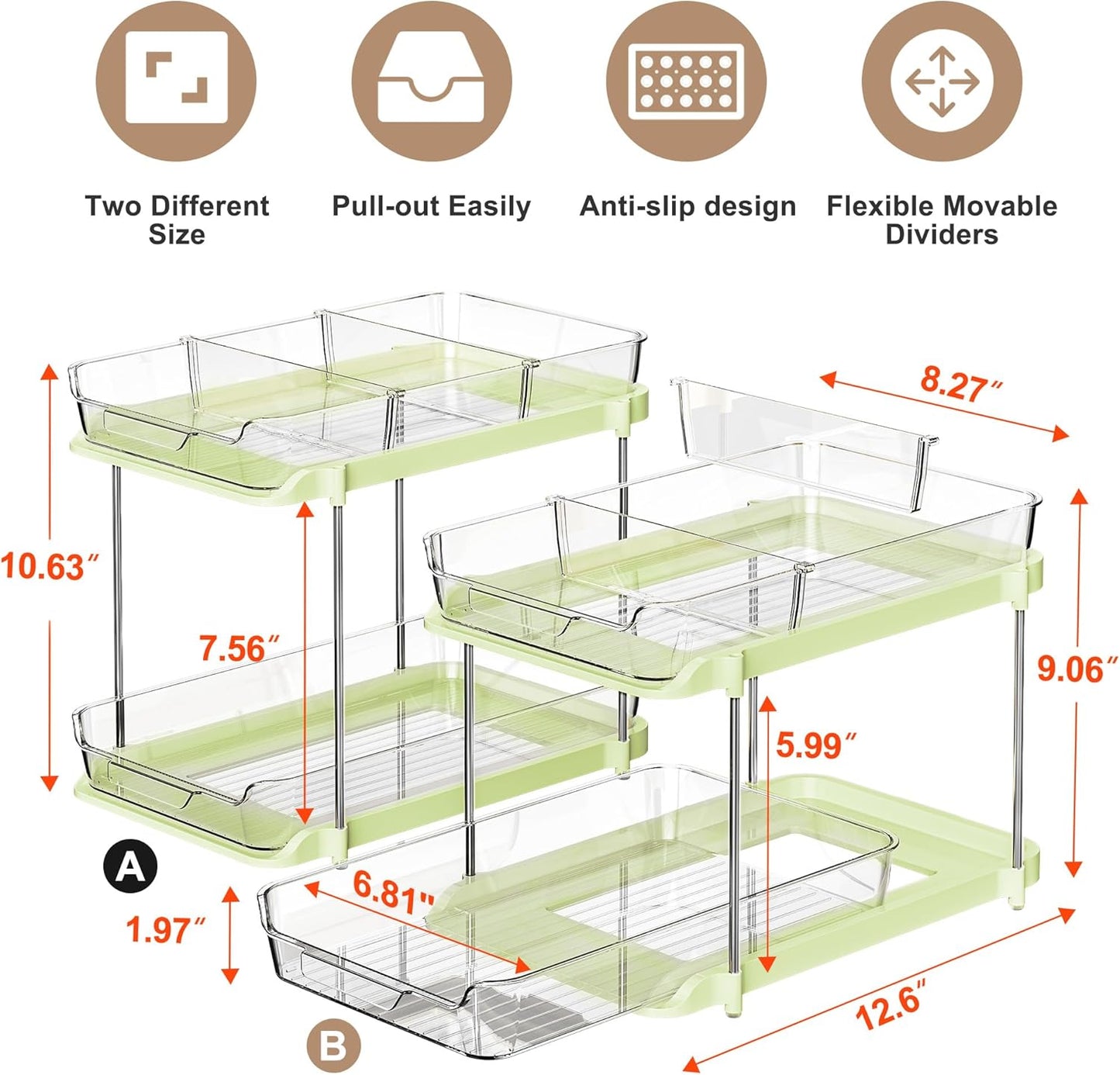 Delamu 2 Sets of 2-Tier Multi-Purpose Bathroom Under Sink Organizers and Storage, Stackable Kitchen Pantry Organization, Pull Out Medicine Cabinet Organizer with 8 Movable Dividers, Green
