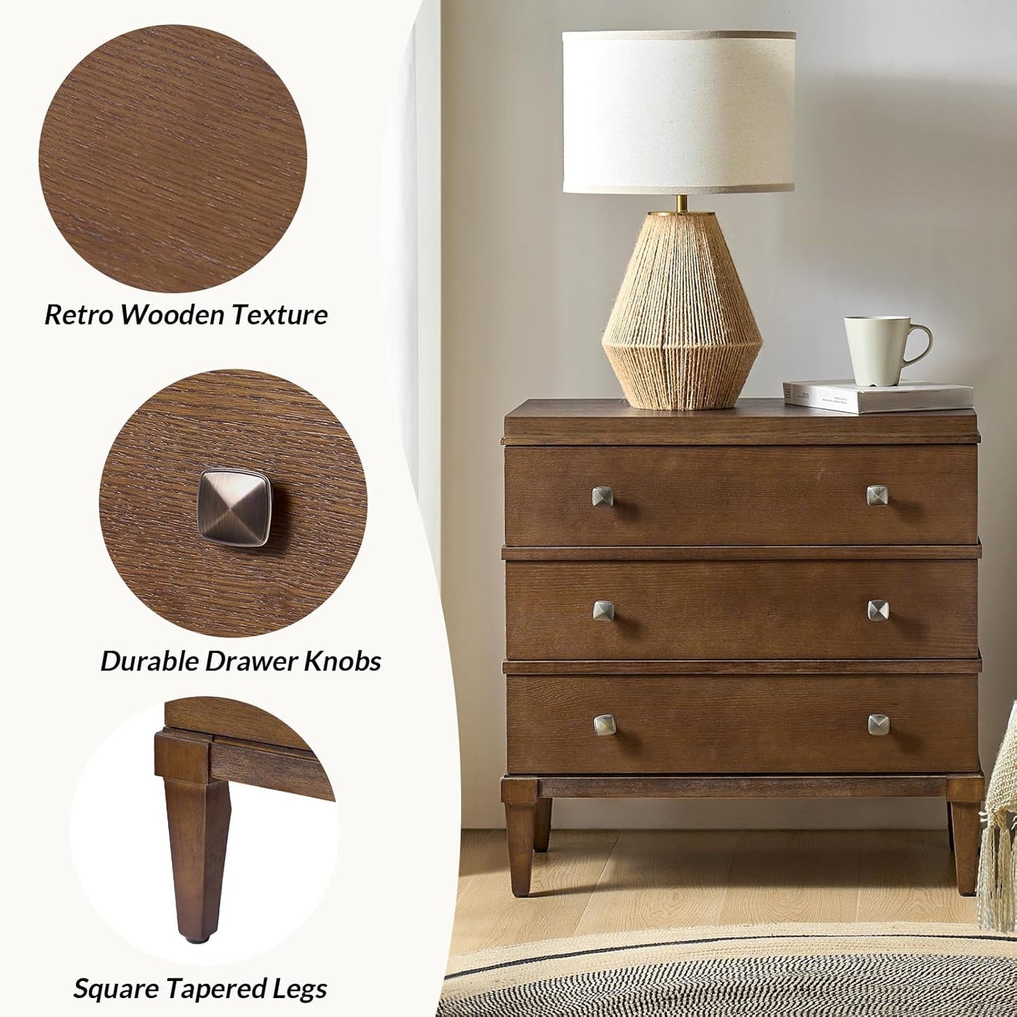 HULALA HOME 3-Drawer Nightstand with Charge Station, Farmhouse Nightstand with Solid Wood Legs, Set of 2(Walnut)