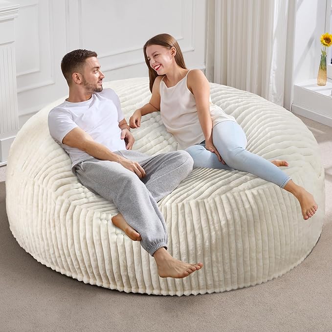 Hobestluk 6ft Bean Bag Chairs for Adults Large Beanbag Chair with Stripe Plush Cover Big Bean Bag Chair for Living Room Bedroom Dorm Office - White (70" x 70" x 15")