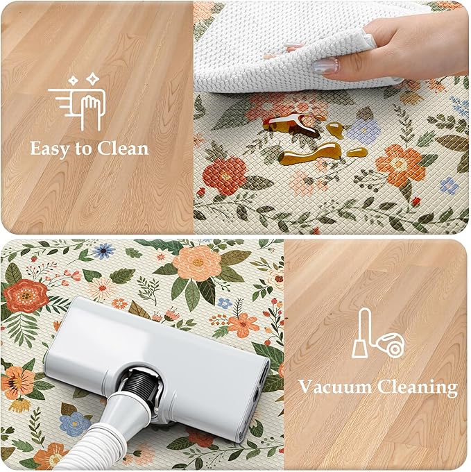 KIMODE Kitchen Mats for Floor Anti Fatigue, White Floral Rugs for Kitchen Floor, Padded Kitchen Floor Mats, Cushioned Kitchen Mats for Floor 2 Piece for Laundry Office Sink Desk 17"x47"+17"x29"