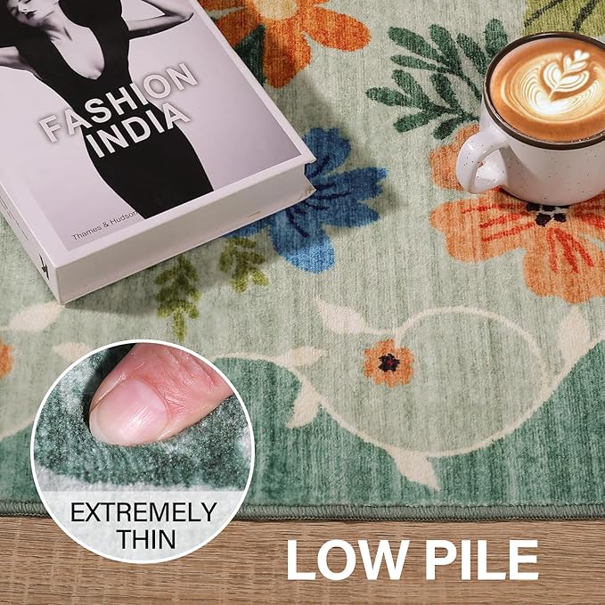 DUKINO 3x10 Runner Rug for Hallway, Washable Kitchen Floral Runner Rug with Non Slip Backing, Low Pile Soft Boho Carpet for Kitchen, Hallway, Entryway, Laundry, Bedroom, Green