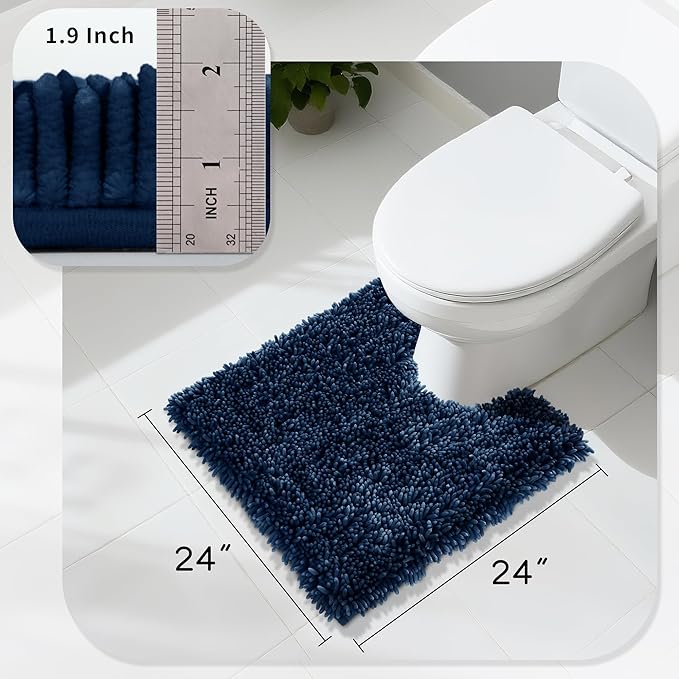 Yimobra Toilet Rugs U Shaped Washable, Extra Thick Soft Absorbent Chenille Contour Bathroom Rugs for Toilet 24x24 Inch, Quick Dry Non Slip Toilet Mat for Bath Floor, Navy Blue