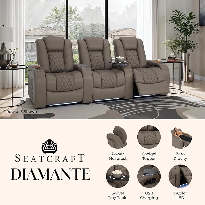 Seatcraft Diamante Zero-Gravity CoolZero Italian Leather Home Theater Seating, Power Headrest, Power Recline, Row of 3, Gray