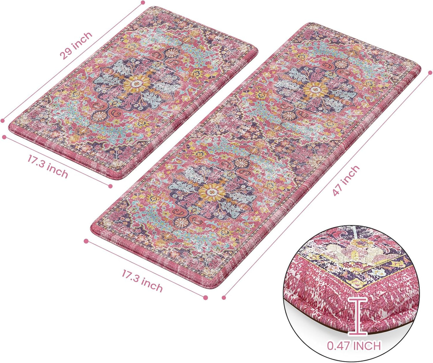 KIMODE Anti Fatigue Kitchen Mat, 17"x47"+17"x29" Boho Vintage Kitchen Rugs Sets of 2, Non-Slip Kitchen Mats for Floor, Cushioned Kitchen Floor Mats for Sink, Laundry, Office, Desk,Fuchsia/Multi