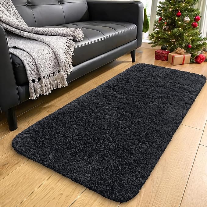OLANLY 2x6 Machine Washable Runner Rugs for Hallway, Soft Fluffy Shaggy Bedside Rugs for Bedroom, Living Room, Indoor Floor Carpet for Kids Girls and Boys, Nursery Rooms, Home Decor Aesthetic, Black