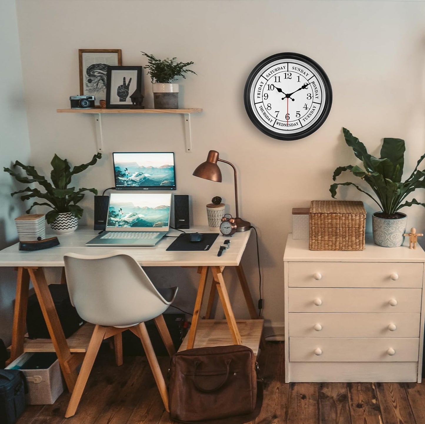 45MinST 12 Inches Retro Wall Clock,Day of The Week Wall Clock,Calendar Day Clock,Silent Non Ticking Battery Operated Movement(Silver)