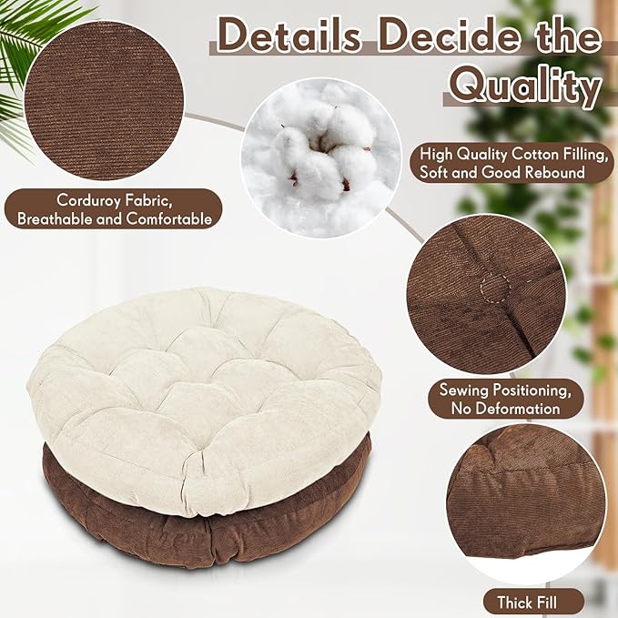 Jerify 4 Pcs Floor Pillow Cushions 22 x 22 Inch Round Square Large Meditation Floor Pillow for Classroom Adult Meditation Picnic Party Cushion for Seating Gift Christmas(Brown,Round)