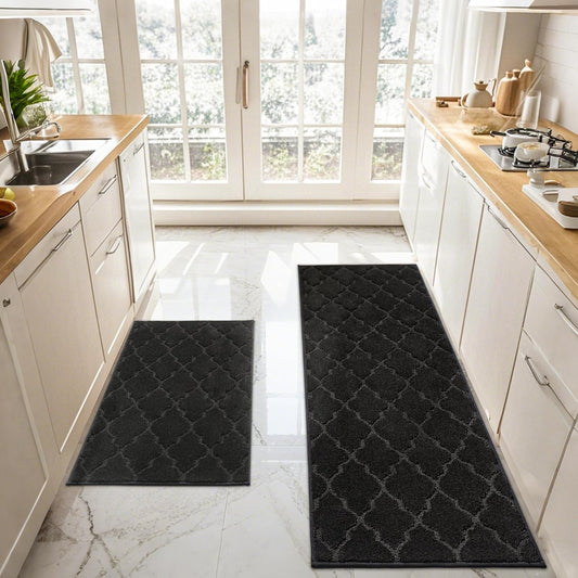 JSEI Kitchen Rugs, Non-Slip Kitchen Mats for Floor, Soft Washable Absorbent Kitchen Mats 2 Pieces, Kitchen Carpet Runner with TPR Backing, Polyester, 24”x36”+24”x60”, Black