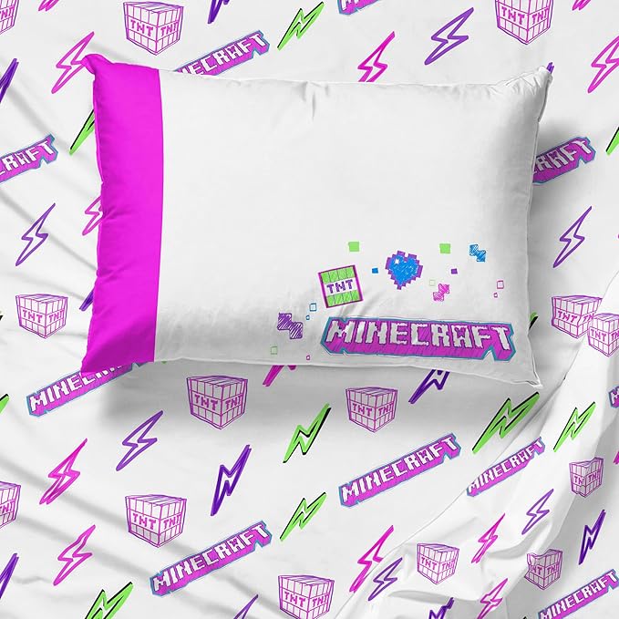 Jay Franco Kids Sheet Set with Fitted, Flat Sheets & Pillow Cover - Ultra-Soft Bedding with Pillowcase for Room Decor, Purple - Minecraft, 3 Piece Twin