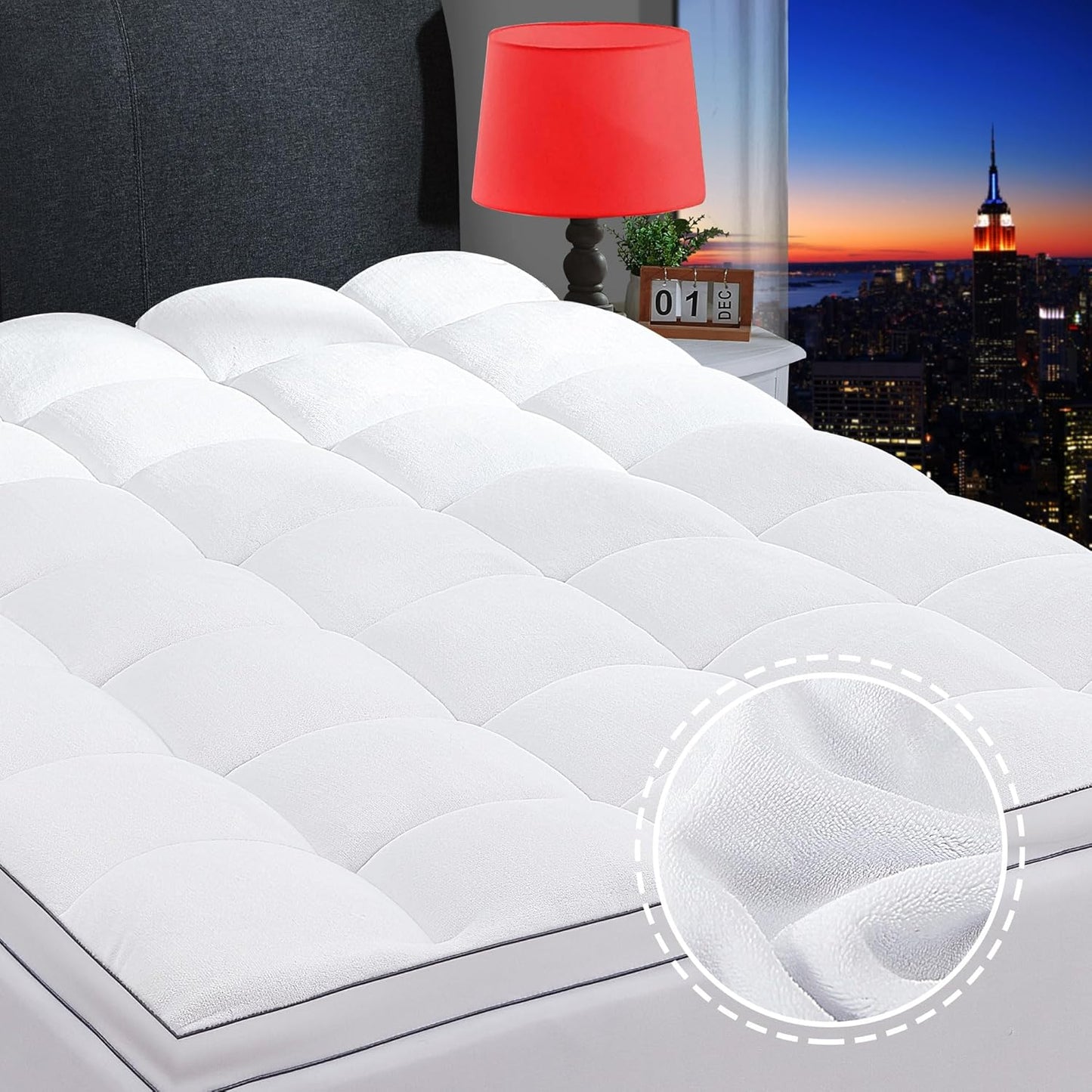 Mattress Topper Pillow Top Extra Thick Flannel Mattress Pad Cover for Back Pain Bed Soft Fluffy Down Alternative with 8-21" Deep Pocket White