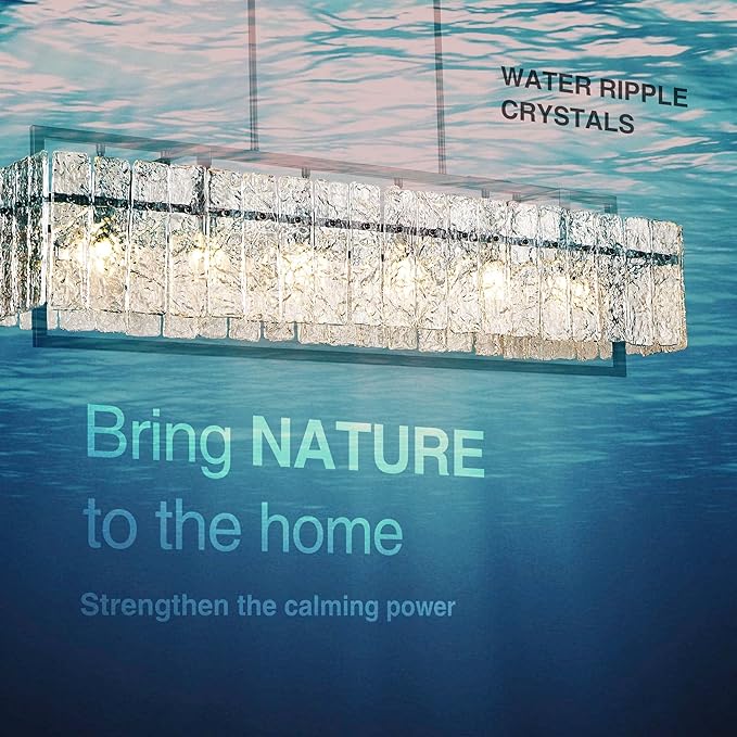 IKK Modern Rectangle Black Crystal Chandeliers for Dining Room, 42" Large Rectangular Water Ripple Glass Island Light Fixture, Linear Farmhouse Lighting for Kitchen Island, Living Room, L42xW11xH12