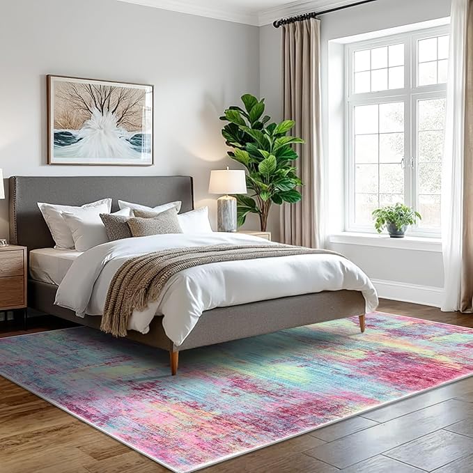 IOHOUZE Abstract Area Rugs 5x7 Ft Washable Rugs for Living Room, Non Slip Dining Room Rug, Printed Faux Wool Rugs for Bedroom, Floor Carpet for Office Nursery Playroom, Pink Teal