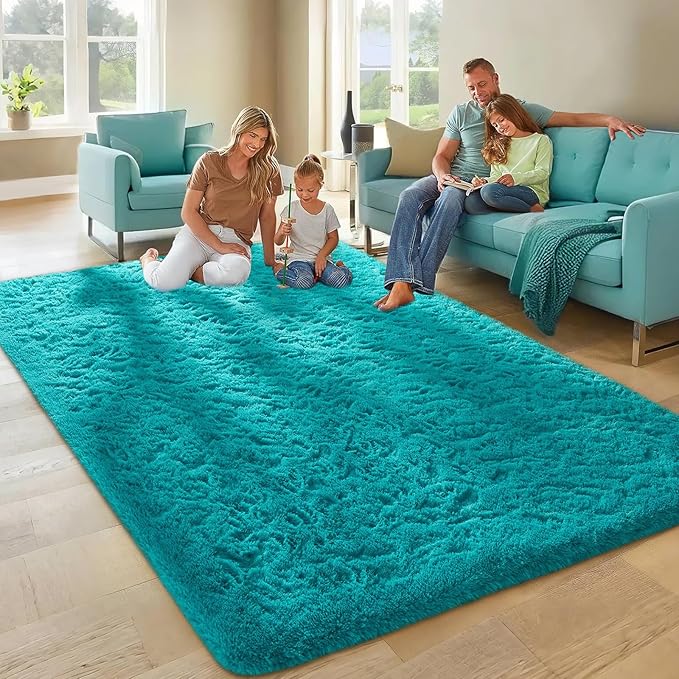Ophanie Teal Rugs for Living Room Bedroom, 5x8 Fluffy Fuzzy Furry Carpet, Plush Soft Shaggy Bedside Indoor Floor Area Rug for Kids Girls Boys Baby Teen Dorm Nursery Home Decor Aesthetic