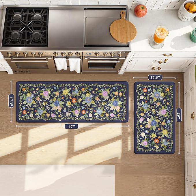 KIMODE Anti Fatigue Kitchen Mats for Floor, Farmhouse Rugs for Kitchen Floor, Cushioned Kitchen Floor Mat Non Slip, Comfort Standing Mat for Laundry Office Sink Desk Blue 17"x47"+17"x29"