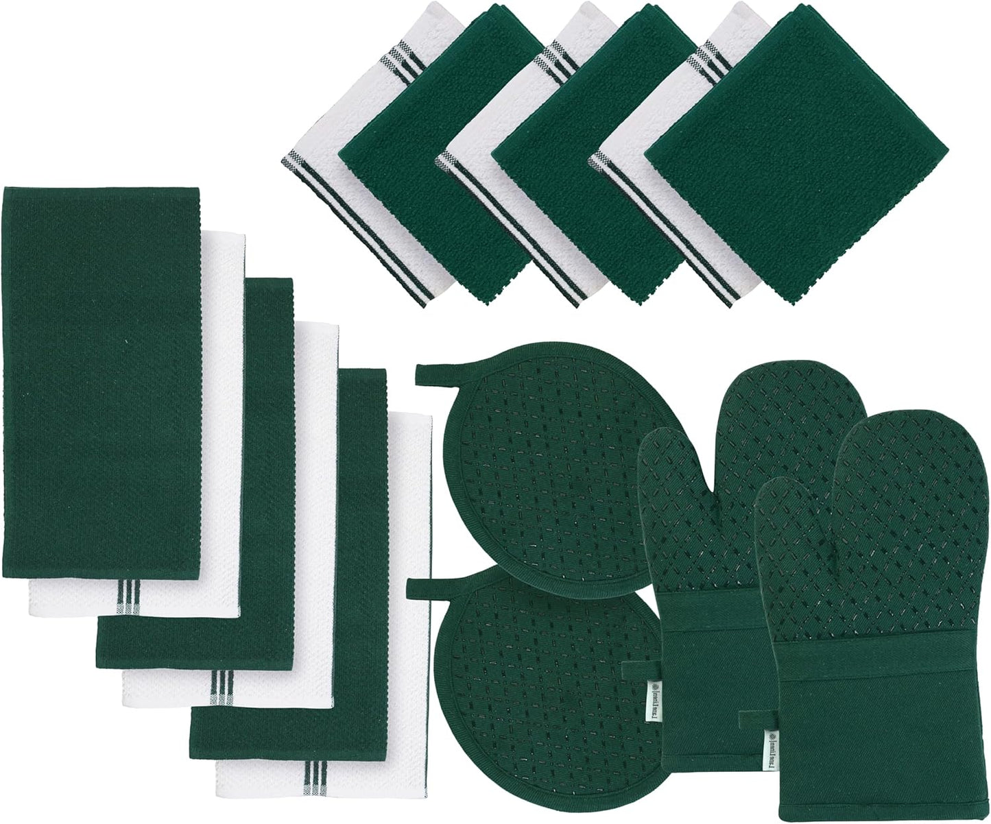 LANE LINEN Dish Towels and Dishcloths Sets - 16 Pc Kitchen Mitts and Pot Holders, 100% Cotton Kitchen Dish Rags for Washing Dishes - Green