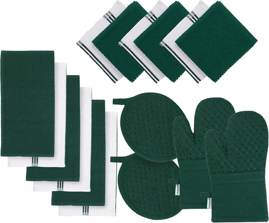 LANE LINEN Dish Towels and Dishcloths Sets - 16 Pc Kitchen Mitts and Pot Holders, 100% Cotton Kitchen Dish Rags for Washing Dishes - Green