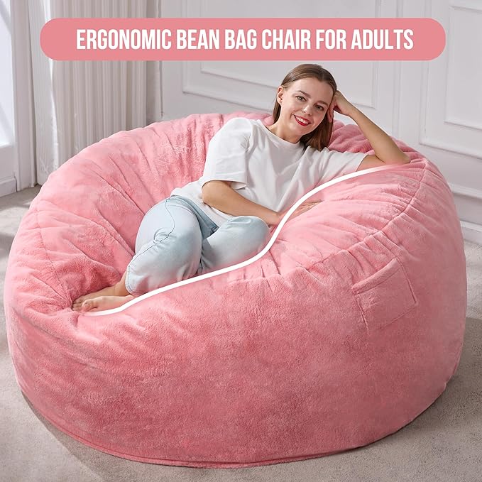 Hobestluk 5ft Bean Bag Chairs for Adults Large Beanbag Chair with Plush Faux Fur Cover Big Bean Bag Chair for Living Room Bedroom Dorm Office - Pink (50” x 50” x 24”)