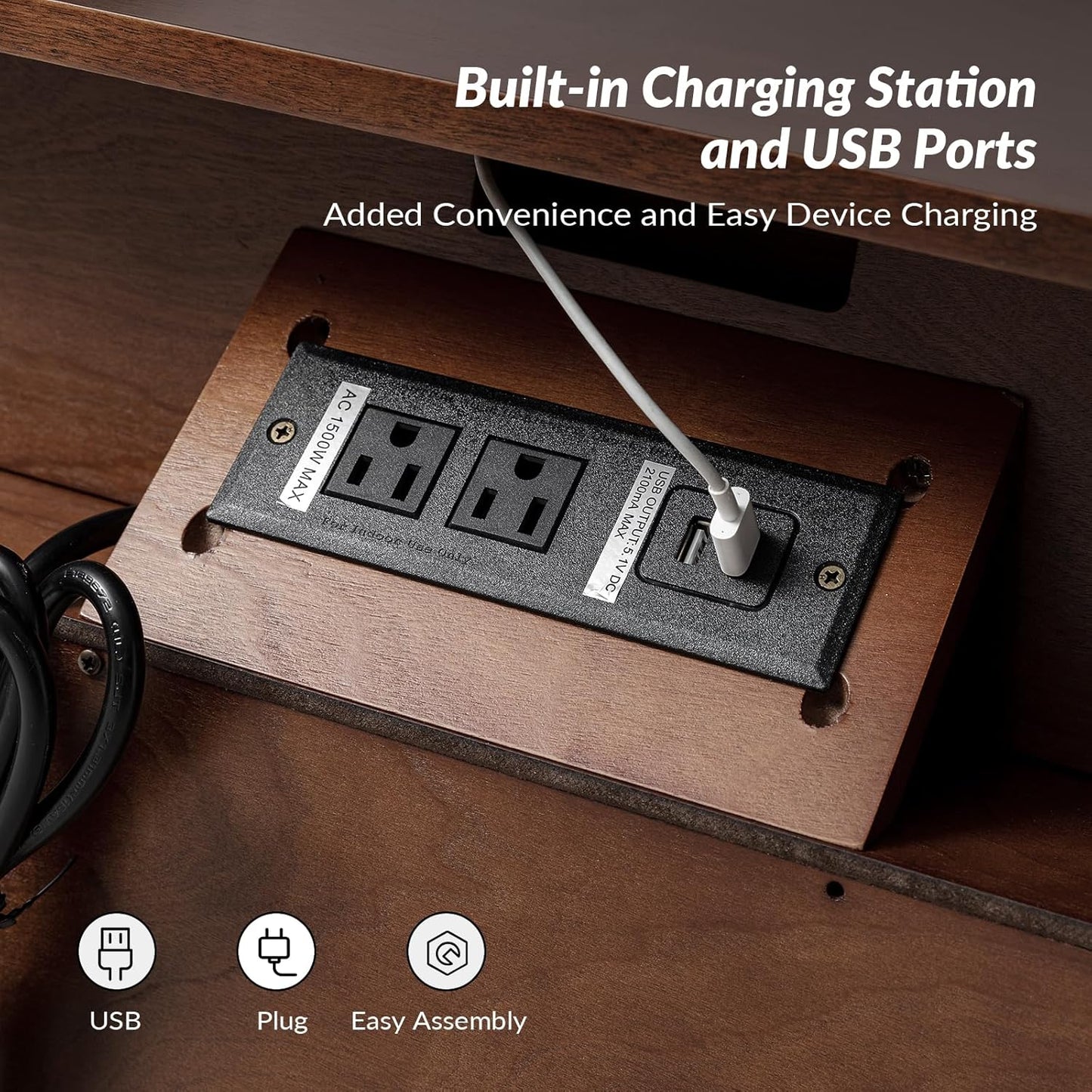 HULALA HOME Large Farmhouse Nightstand with Charging Station, Mid-Century Modern 2 Drawer Dresser, Bedside Table with Pull Out Shelf and Hidden Storage Space for Bedroom, Walnut