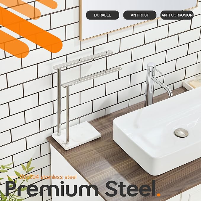 Hand Towel Holder Chrome for Bathrooms Vanity Countertop 2-Tier Towel Rack Free Standing with Thicken Marble Base, Polished Stainless Steel AN7003CH