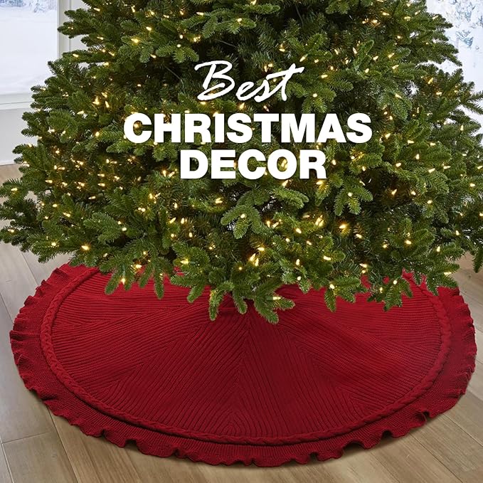 Hommtina Christmas Tree Skirt 48 Inches Red Tree Skirt,Christmas Tree Decorations Faux Fur Tree Skirt for Xmas Holiday Home Party Decorations Ornaments (Wave Red)