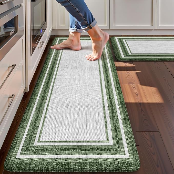KIMODE Kitchen Mats Cushioned Anti Fatigue, Farmhouse Christmas Kitchen Rugs Sets of 2, Non Slip Kitchen Mats for Floor, Comfort Kitchen Floor Mats for Sink Laundry Desk 17"x47"+17"x29" Green