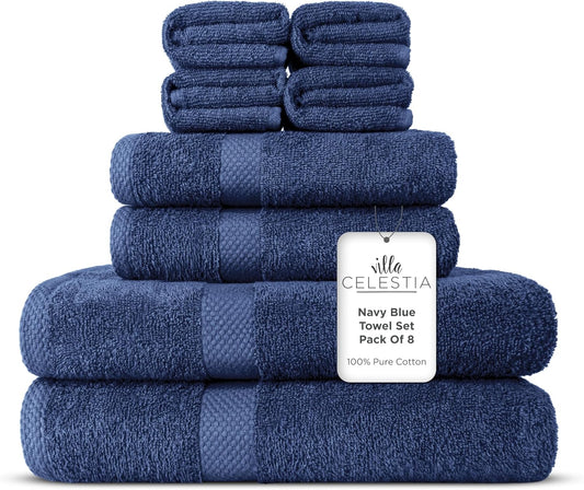 100% Combed Cotton Bathroom Towel Set of 8- 2 Bath Towels, 2 Hand Towels, 4 Wash Cloths, Sustainable, Soft, Highly Absorbent 8 Piece Cotton Bath Towel Set for Hotels, Spa, Bathroom, Dorm, Navy Blue