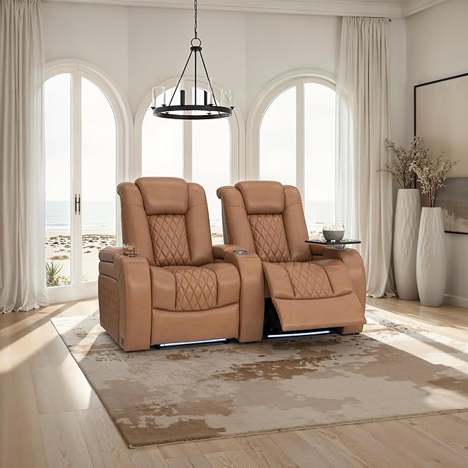 Seatcraft Diamante Zero-Gravity CoolZero Italian Leather Home Theater Seating, Power Headrest, Power Recline, Row of 2, Tan Oak