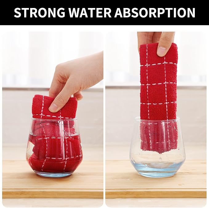 Homaxy 100% Cotton Terry Kitchen Towels(Red, 13 x 28 inches), Checkered Designed, Soft and Super Absorbent Dish Towels, 8 Pack