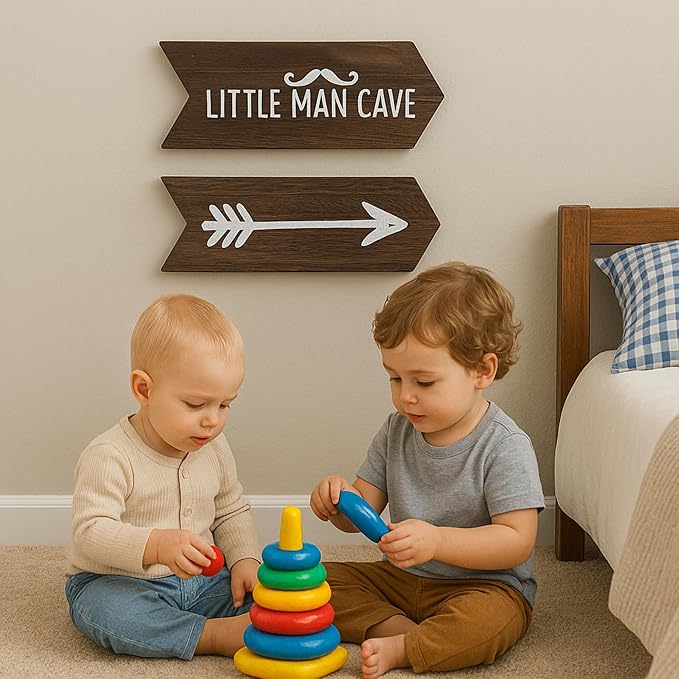 Little Man Cave Sign For Boys - 2 Pcs 14" x 5" Baby Boy Nursery Wall Decor Art for Playroom, Rustic Wooden Arrow Sign For Nursery, Cabin Room Wall Decor, Easter Gifts for Kids, Brown