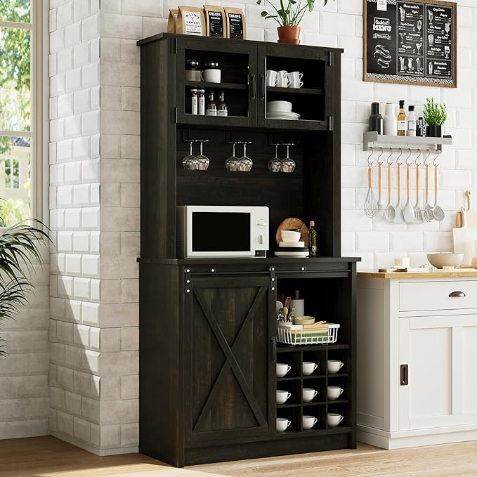 4ever2buy Farmhouse Coffee Bar Cabinet with Sliding Barn Door, 72" Hutch Coffee Bar with Storage, Large Kitchen Buffet Cabinet with Hutch, Tall Bar Cabinet Table for Living Dining Room, Oak