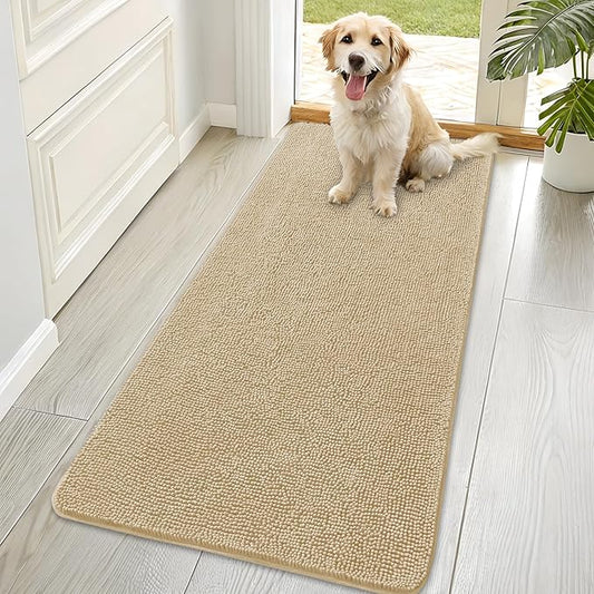 OLANLY Dog Door Mat for Muddy Paws 70x35, Absorbs Moisture and Dirt, Absorbent Non-Slip Washable Doormat, Quick Dry Chenille Mud Mat for Dogs, Entry Indoor Entryway Carpet for Inside Floor, Beige
