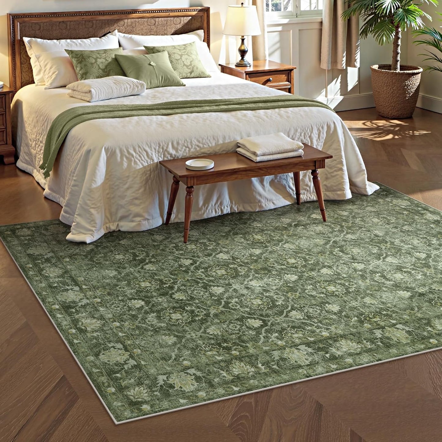 Boho 5x7 Green Rugs for Bedroom, Non Slip Washable Living Room Area Rug, Soft Low Pile Emerald Carpet for Dining Guest Room Office Playroom Nursery (5'x7', Dark Green)