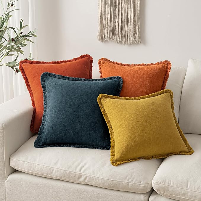 MIULEE Fall Decorative Throw Pillow Covers Neutral Linen Fringe Throw Pillows Set of 2 Burnt Orange Boho Farmhouse Cushion Covers with Tassels for Couch Sofa Bed Living Room Home Decor 12x20 Inch