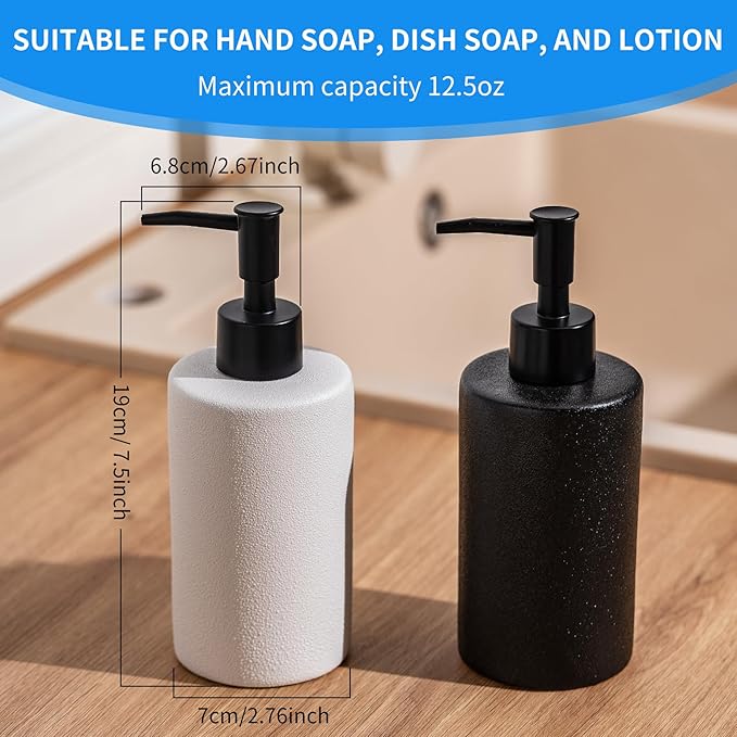 TANEW 2-Pack Black & White Ceramic Hand Soap Dispenser Set 12oz Refillable for Essential Oil, Dish Soap or Lotion - Countertop Soap Dispensers for Bathroom, Sink, Kitchen