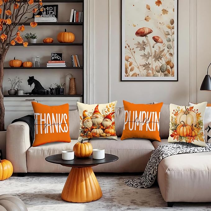 JioJio Chan Fall Pillow Covers 18x18 - Set of 4 Throw Pillow Covers for Sofa Couch, Autumn Thanksgiving Pumpkin Orange Decoration for Home Living Room Bedroom Decor Outdoor Indoor