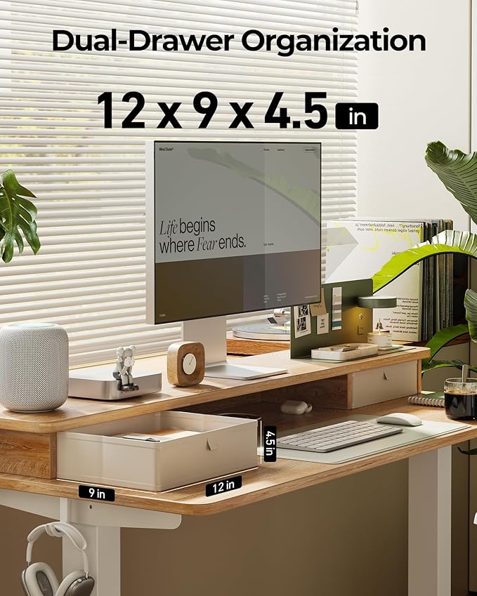 FEZIBO 60 x 24 Inch Height Adjustable Electric Standing Desk with Double Drawer, Computer Desk, Home Office Stand Up Table with 4 Height-Adjustable Feets & 2 Hooks, Maple