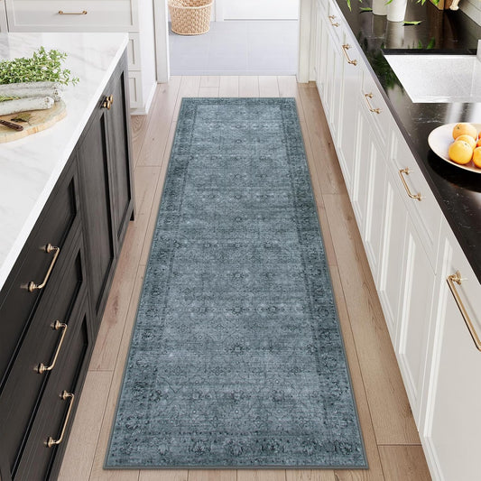 Vintage Washable Runner Rug, 2.6x8 Soft Kitchen Runner Rug Non Slip for Hallways Indoor, Ultra-Thin Carpet for Entrance Laundry Bedroom (2'6"x8', Dark Grey)