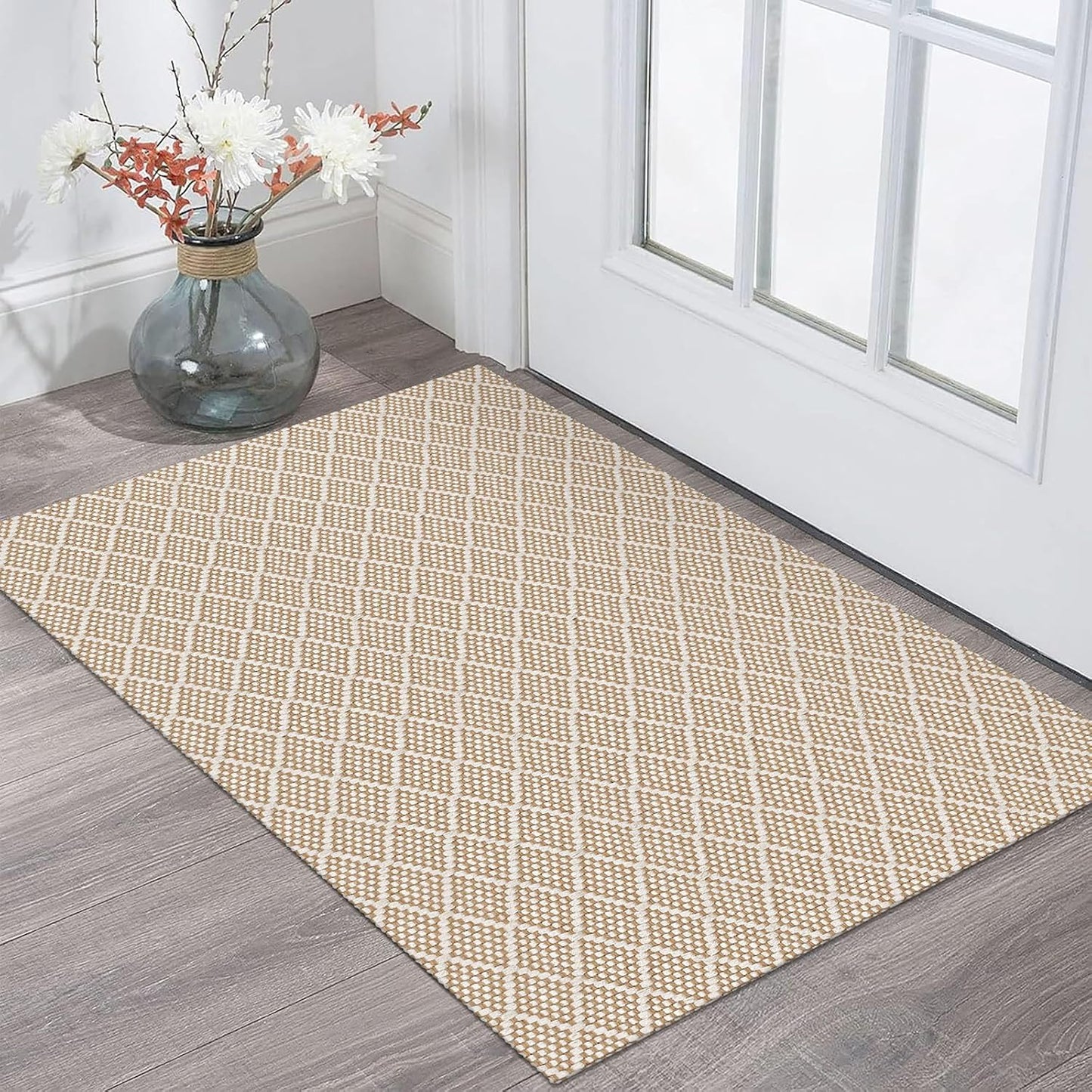 KOZYFLY Small Area Rug 2x3 Ft Washable Entryway Rug Non Slip Rubber Backed Throw Rugs Indoor Door Mat, Braided Cotton Floor Carpet for Front Entrance Front Door Sink Foyer, Tan/Beige
