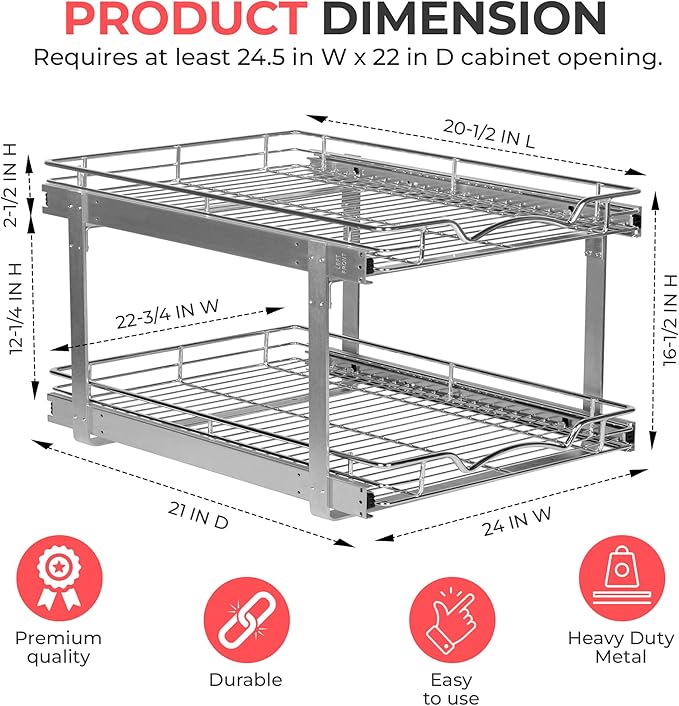 HOLDN’ STORAGE Two Tier Pull Out Cabinet Organizer, Individual Sliding Drawers - Heavy Duty Metal with Lifetime Limited Warranty - Anti Rust Chrome Finish - 24.5" W x 21”D x 16.5" H