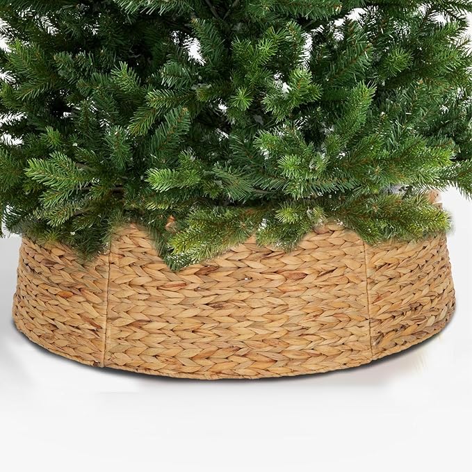 SUNNYPARK Christmas Tree Collar, 28’’ Hand-Woven Natural Water Hyacinth Christmas Tree Collar Basket Base Cover - Light Brown