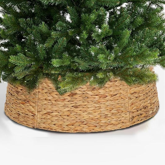 SUNNYPARK Christmas Tree Collar, 28’’ Hand-Woven Natural Water Hyacinth Christmas Tree Collar Basket Base Cover - Light Brown
