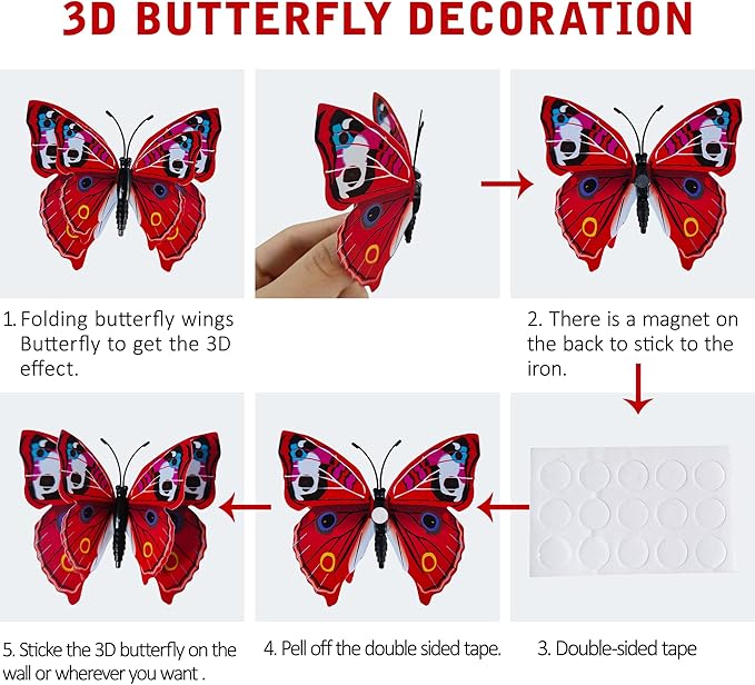 24PCS Butterfly Wall Decals Removable 3D Butterflies Decor for Wall Sticker Mural Stickers Home Decoration Kids Room Bedroom Decor (Double Layer-Red/24PCS)