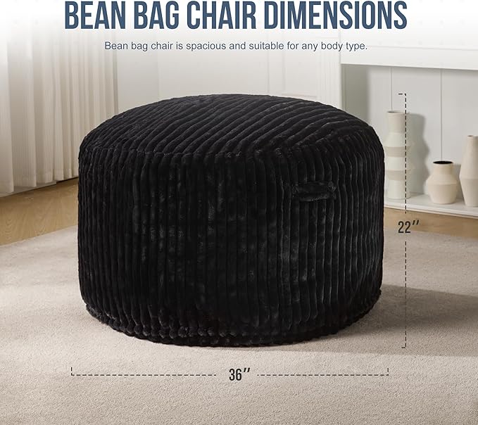 Hobestluk 3ft Bean Bag Chairs for Adults Large Beanbag Chair with Stripe Plush Cover Big Bean Bag Chair for Living Room Bedroom Dorm Office - Black (36” x 36” x 22”)