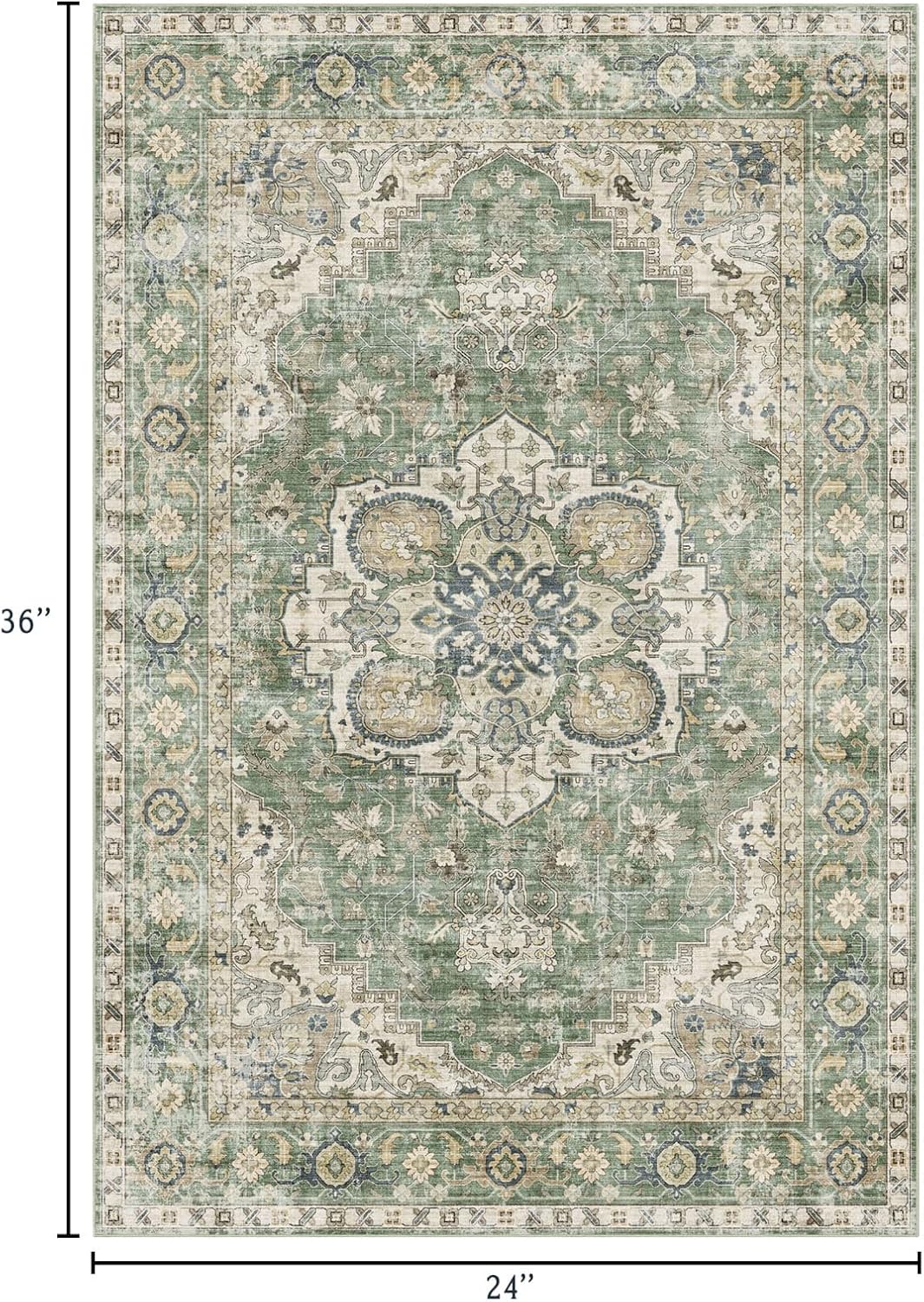 2x3 Rugs for Entryway - Washable Doormat Ultra-Thin Sage Green Oriental Non-Slip Kitchen Rugs Boho Tribal Low-Pile Floor Carpet Vintage Throw Rug for for Indoor Front Entrance Bathroom