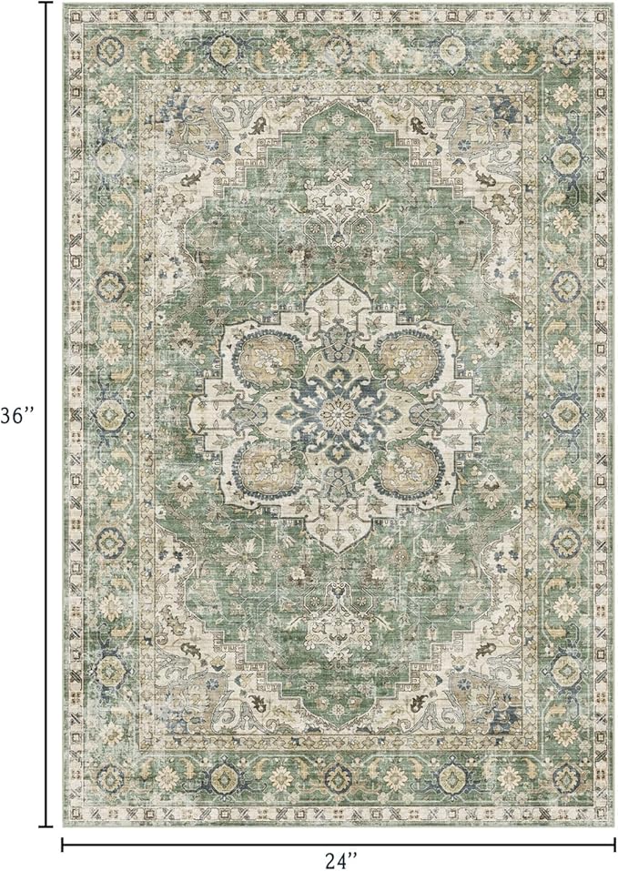 2x3 Rugs for Entryway - Washable Doormat Ultra-Thin Sage Green Oriental Non-Slip Kitchen Rugs Boho Tribal Low-Pile Floor Carpet Vintage Throw Rug for for Indoor Front Entrance Bathroom