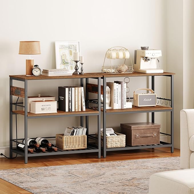 HOOBRO Kitchen Island with Storage, Kitchen Island Table with Power Outlet, 47.2" L 3 Tier Coffee Station and Microwave Stand, for Home, Kitchen and Dining Room, Rustic Brown and Black BF120UZD01