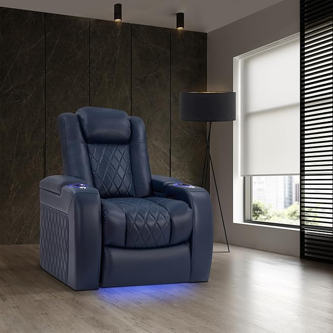 Valencia Tuscany Home Theater Seating | Premium Top Grain Italian Nappa 11000 Leather Power Recliner with Power Lumbar Support & Headrest (Single Recliner, Navy Blue)